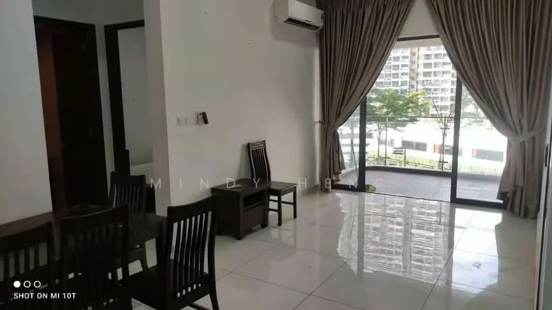 Living features: white painted walls, glossy tile flooring, floor-to-ceiling windows, sliding glass door, sheer curtains, air conditioning unit, dining table with chairs, wooden side table; style: modern; view: garden.