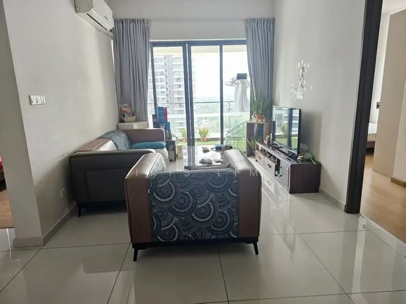 Living features: 3-seater fabric sofa with patterned cushion, 2-seater leather sofa, coffee table, wall-mounted TV, TV console, floor-to-ceiling windows, curtains, decorative wall art, air conditioning unit, ceramic tile flooring, area rug; style: modern; view: city.