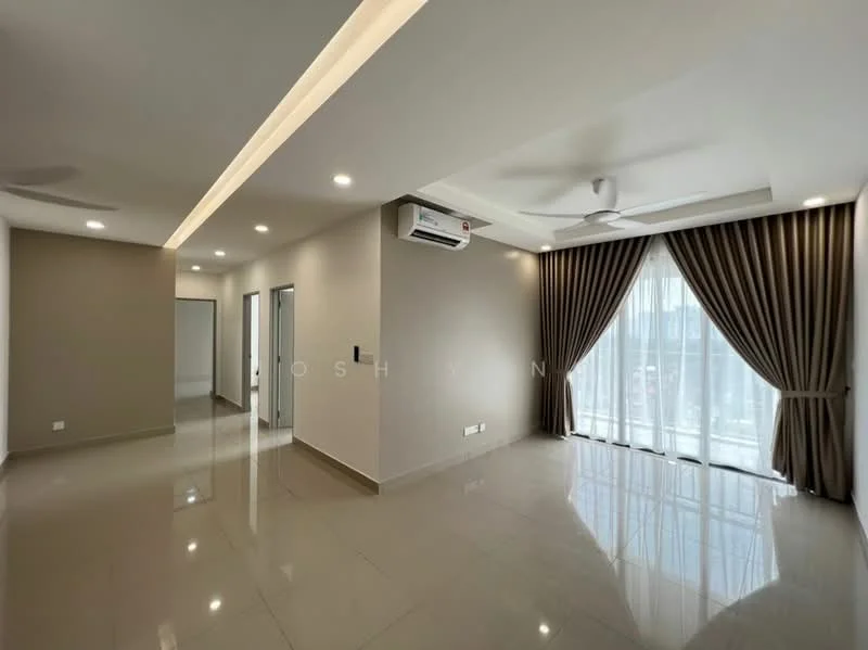 Living features: glossy tile flooring, cream painted walls, recessed downlights, 5-blade ceiling fan with light, floor-to-ceiling windows, sheer curtains, dark brown curtains, air conditioning unit, open layout, natural light from windows; style: modern; view: city. Room features: cream painted walls, glossy tile flooring, recessed downlights, 5-blade ceiling fan with light, air conditioning unit.