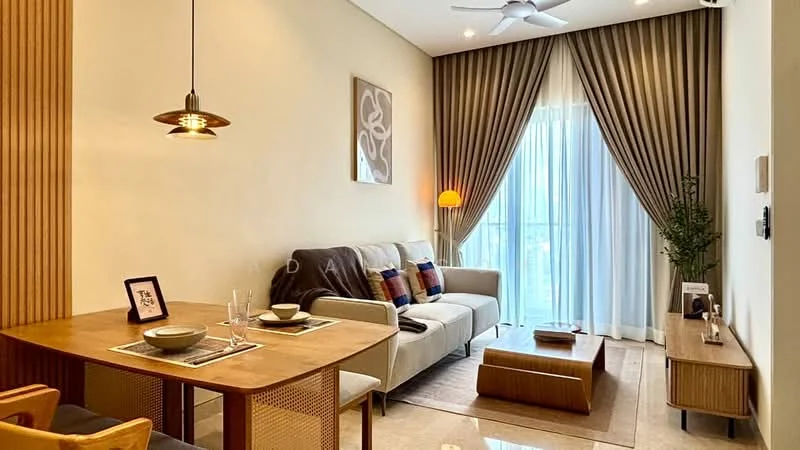 Living features: 3-seater fabric sofa in light grey, wooden coffee table, wooden dining table with 2 chairs, pendant light fixture, floor-to-ceiling windows, sheer curtains, dark brown accent wall, decorative wall art, table lamp, indoor plant, recessed downlights, ceiling fan; style: modern; view: city.