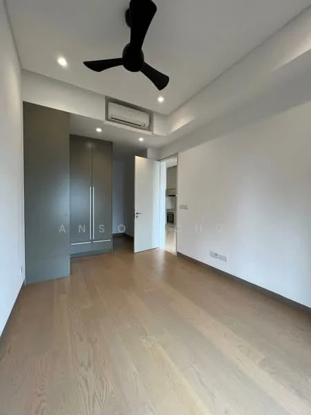 Bedroom features: light wood flooring, white painted walls, 5-blade ceiling fan with light, built-in wardrobe with sliding doors, recessed downlights, air conditioning unit, door leading to another room; style: modern.