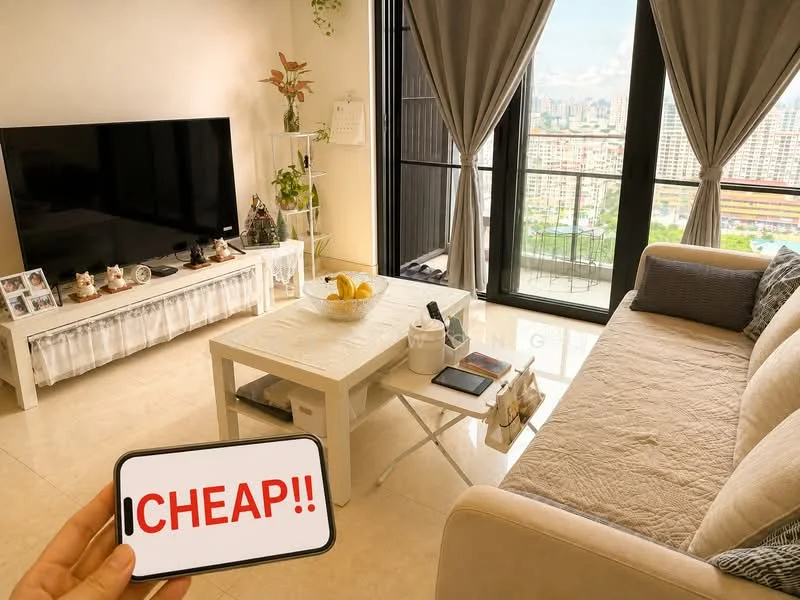 Living features: light beige fabric sofa, white coffee table, black flat-screen TV, TV console with decorative items, large floor-to-ceiling windows, curtains in light grey, decorative plants, ceramic fruit bowl on table, area rug, wall-mounted decor, remote control on table, smartphone with text 'CHEAP!!'; style: modern; view: city.