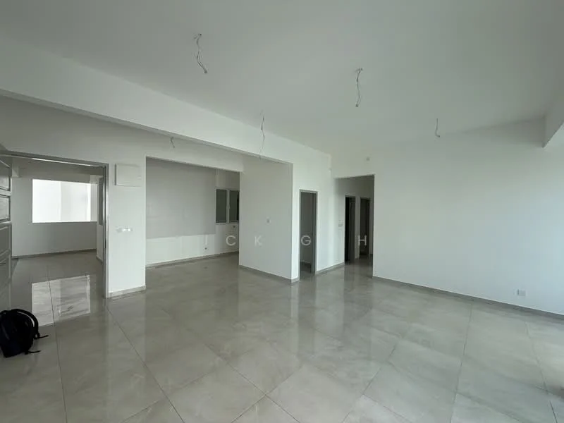 Living features: white painted walls, polished marble flooring, recessed downlights, open layout, large windows, no visible furniture, neutral color scheme, high ceiling; style: modern. Kitchen features: white cabinetry, tile flooring, open to living area, no visible appliances; style: modern. Room features: white painted walls, polished marble flooring, no visible furniture, neutral color scheme, high ceiling.