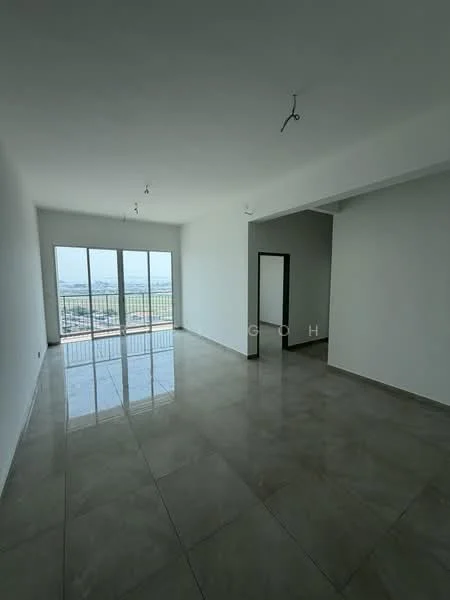 Living features: white painted walls, glossy grey tile flooring, floor-to-ceiling windows, natural light, recessed downlights, open layout, city view, high ceiling; style: modern; view: city.
