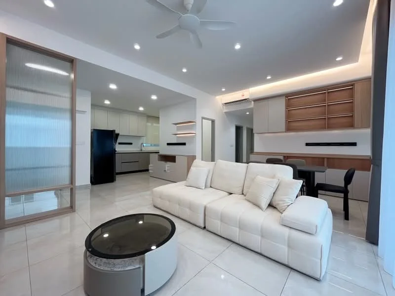 Living features: L-shape sectional sofa in white, round coffee table with glass top, recessed downlights, 5-blade ceiling fan, wall-mounted TV, tile flooring in light grey, built-in cabinetry with wood accents, dining area with black dining chairs, open layout to kitchen, large windows for natural light; style: modern. Kitchen features: stainless-steel fridge, built-in oven, ceramic cooktop, white cabinetry, grey countertop, undermount sink, open shelving, recessed lighting; style: modern.