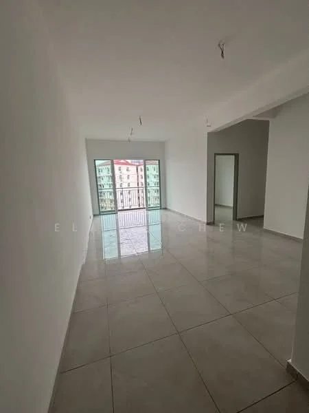 Room features: white painted walls, grey tiled flooring, floor-to-ceiling windows, sliding glass door, balcony access, high ceiling, recessed downlights, open layout; style: modern; view: city.