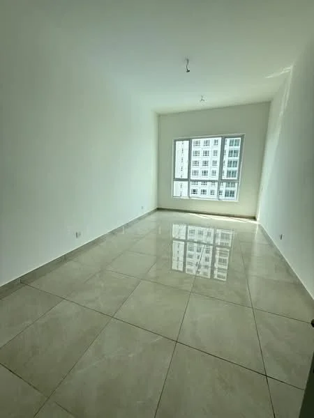 Room features: white painted walls, glossy ceramic tile flooring, large window with city view, natural light from window, neutral color scheme, minimalist design, no visible furniture, high ceiling; style: modern; view: city.