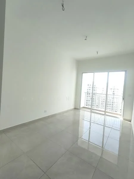 Room features: white painted walls, glossy ceramic tile flooring, floor-to-ceiling windows, sliding glass door, natural light from windows, neutral color scheme, high ceiling, recessed lighting; style: modern; view: city.