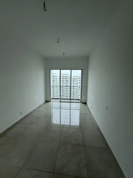 Room features: white painted walls, glossy ceramic tile flooring, floor-to-ceiling windows, sliding glass door, natural light from windows, minimalist lighting fixtures, open layout, balcony access; style: modern; view: city.