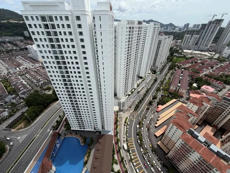 Exterior type: high-rise condominium; features: white painted facade, glass curtain wall, infinity pool, surrounded by mature greenery, adjacent to highway, urban context with residential buildings, multiple high-rise buildings, landscaped pool deck; style: modern.
