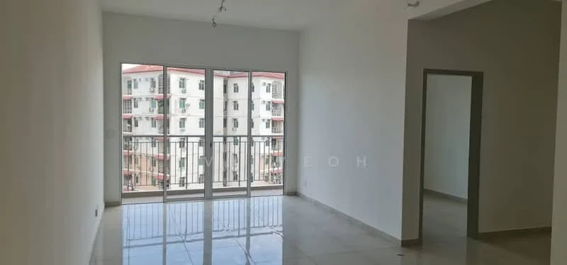 Living features: white painted walls, glossy tile flooring, floor-to-ceiling windows, sliding glass door, balcony access, recessed downlights, neutral color scheme, open layout; style: modern; view: city. Room features: white painted walls, glossy tile flooring, neutral color scheme.