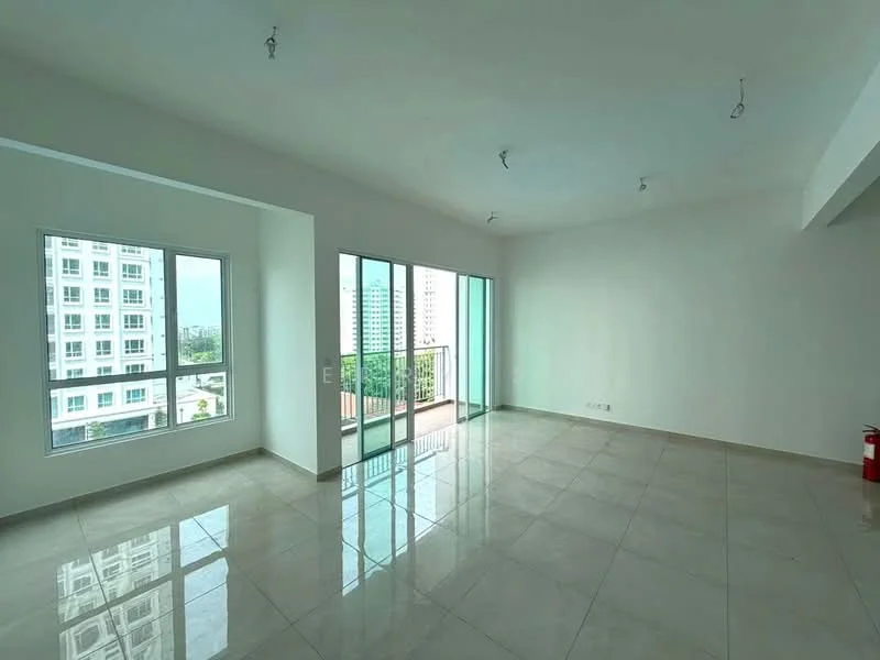 Room features: white painted walls, polished ceramic tile flooring, floor-to-ceiling windows, sliding glass door, recessed downlights, balcony access, city view, fire extinguisher; style: modern; view: city.
