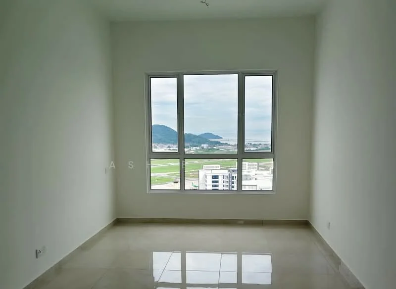 Room features: white painted walls, glossy ceramic tile flooring, floor-to-ceiling windows, mountain view, city view; style: modern; view: mountain.
