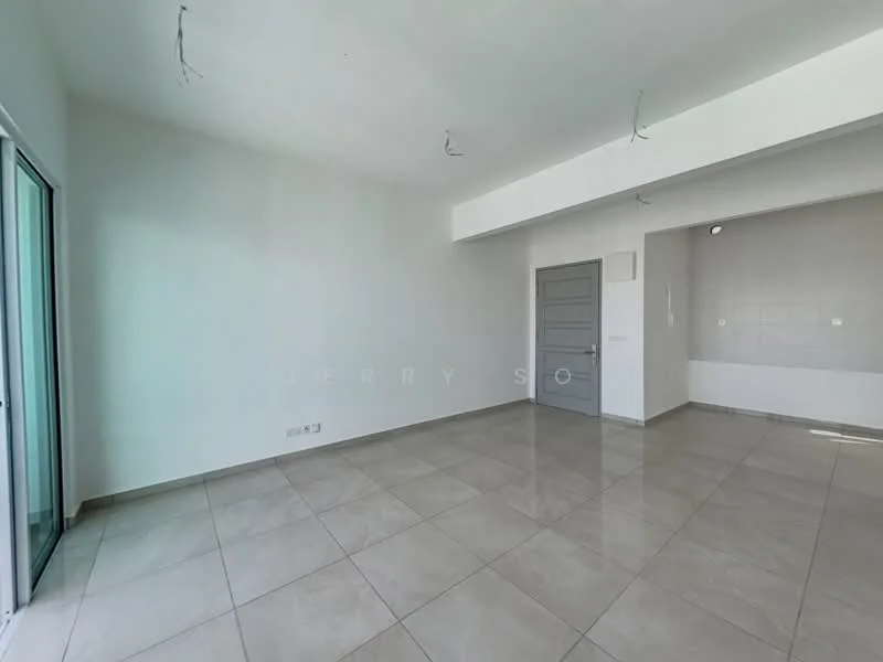 Room features: white painted walls, grey tiled flooring, sliding glass door, recessed downlights, ceiling with exposed wiring, single grey door, corner wall with tile cladding, open layout; style: modern.