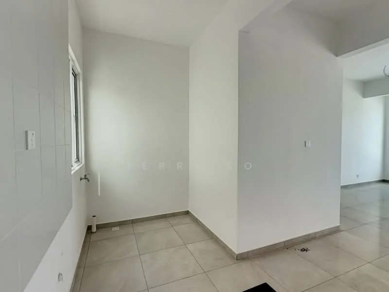 Room features: white painted walls, tile flooring, window with natural light, corner of room, neutral color scheme.