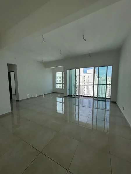 Room features: white painted walls, high ceiling, large floor-to-ceiling windows, sliding glass door, glossy ceramic tile flooring, recessed downlights, open layout, balcony access; style: modern; view: city.