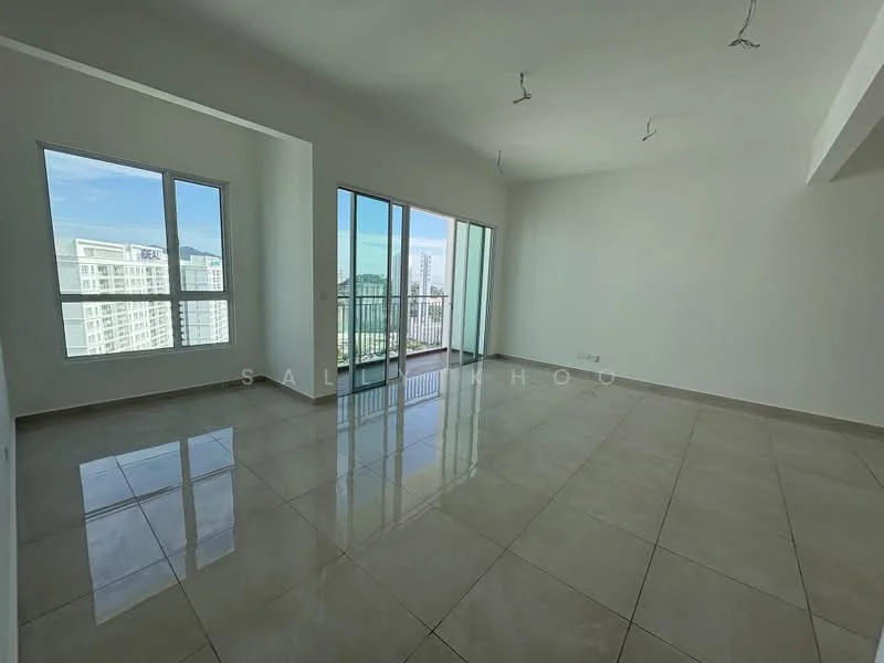 Living features: large floor-to-ceiling windows, sliding glass door, white painted walls, polished ceramic tile flooring, recessed downlights, balcony access, city view, open layout; style: modern; view: city.