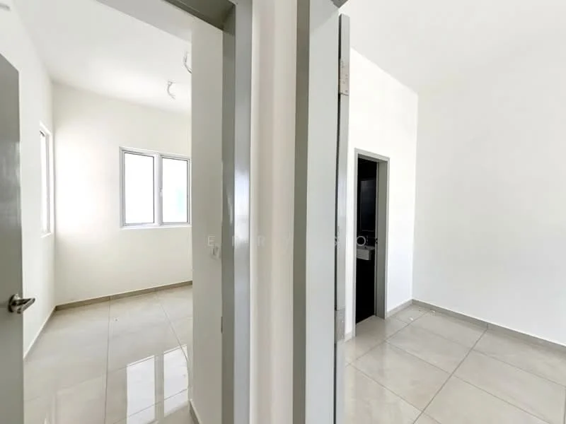 Room features: white painted walls, tile flooring, two windows, doorway leading to another room, neutral color scheme, light ceiling, no visible furniture, simple light fixture; style: modern.