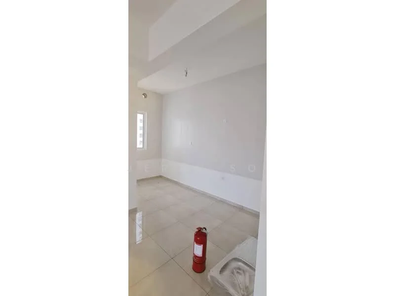 Room features: white painted walls, glossy tile flooring, ceiling with recessed lighting, single window, fire extinguisher, blank wall space.