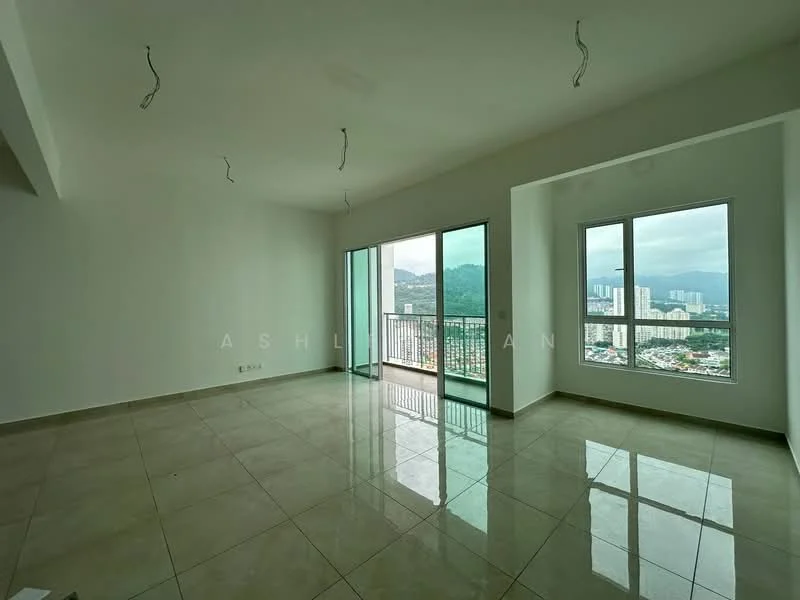 Living features: white painted walls, polished ceramic tile flooring, floor-to-ceiling windows, sliding glass door, mountain view, city skyline view, recessed downlights, open layout; style: modern; view: city.