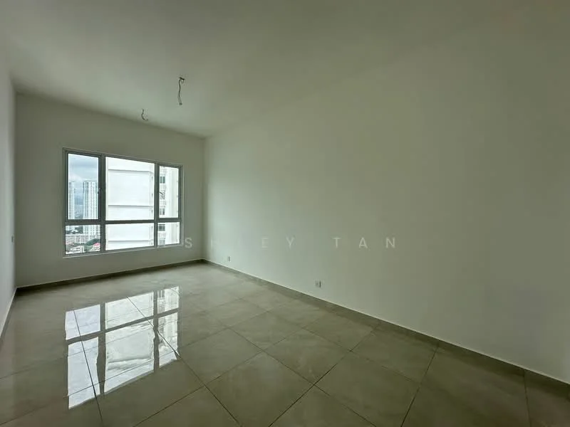 Room features: white painted walls, glossy beige tile flooring, floor-to-ceiling windows, city view, no visible ceiling fixtures, empty space; style: modern; view: city.
