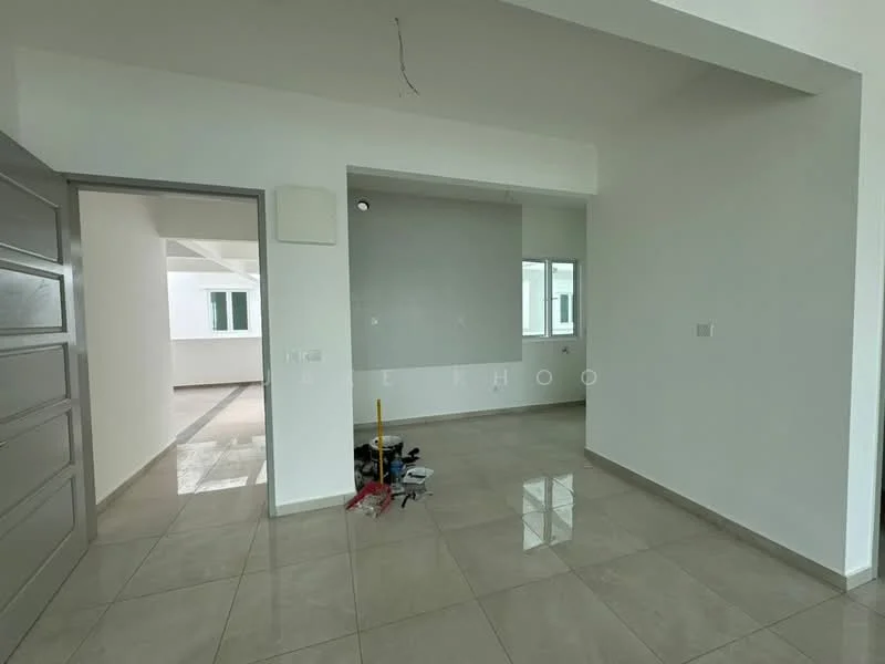 Room features: white painted walls, grey tiled flooring, floor-to-ceiling windows, recessed ceiling lights, open layout, doorway leading to another room, visible electrical outlets, unfinished space with construction tools; style: modern.