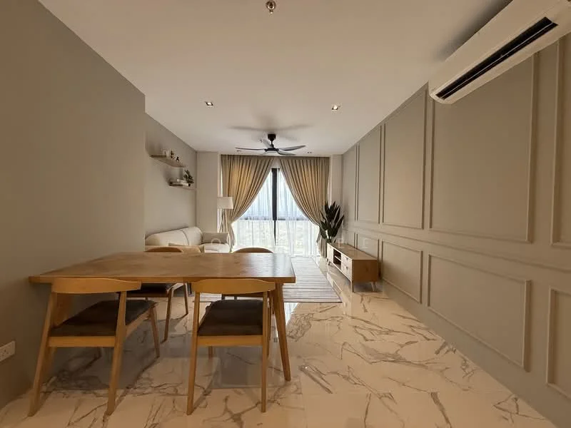 Living features: grey painted walls, white ceiling, marble tile flooring, 5-blade ceiling fan with light, floor-to-ceiling windows, sheer curtains, sofa in cream, wooden dining table, 4 wooden dining chairs, TV console, decorative plants; style: modern; view: city.