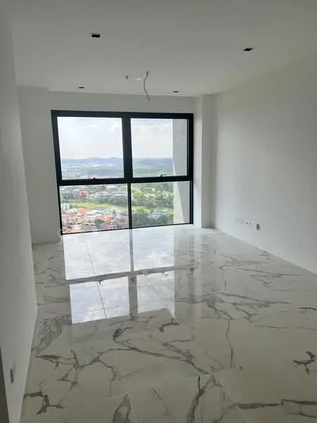 Room features: white painted walls, marble tile flooring, floor-to-ceiling windows, city view, recessed downlights, ceiling with no visible fixtures, smooth ceiling, open space layout; style: modern; view: city.