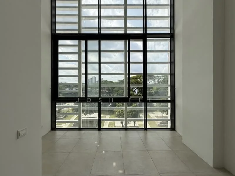 Room features: large floor-to-ceiling windows, grey tiled flooring, white painted walls, high ceiling, horizontal louvre windows, natural light, view of greenery, view of city skyline; style: modern; view: city.