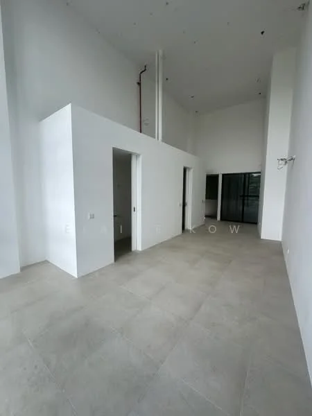 Room features: white painted walls, high ceiling, large windows, tile flooring, open layout, doorway openings, exposed pipes, neutral color scheme; style: modern.