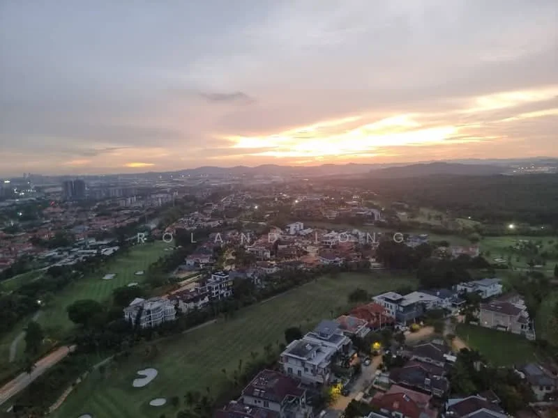 Exterior features: aerial view of residential area, golf course visible, sunset in the background, hills in the distance, urban skyline in the background, manicured lawns, scattered houses, tree-lined streets; style: contemporary.