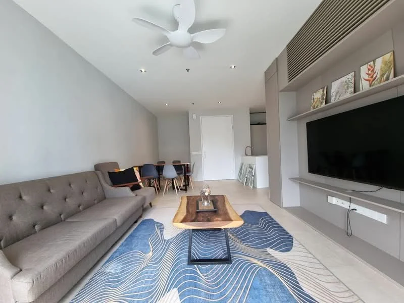 Living features: 3-seater fabric sofa in grey, coffee table with wooden top, area rug with wave pattern, wall-mounted TV, built-in shelving unit, ceiling fan with light, recessed downlights, light-coloured tiled flooring, neutral painted walls; style: modern. Dining features: 4-seater dining table, dining chairs, light-coloured tiled flooring; style: modern.