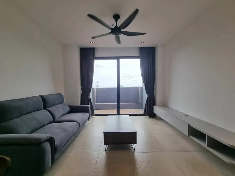 Living features: 3-seater fabric sofa in grey, coffee table, wall-mounted TV console, floor-to-ceiling sliding glass door, dark curtains, ceiling fan with light, recessed downlights, neutral wall colour, tile flooring, balcony view; style: modern; view: city.