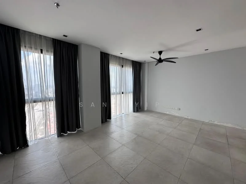 Living features: grey painted walls, tile flooring, 5-blade ceiling fan, floor-to-ceiling windows, sheer curtains, blackout curtains, recessed downlights; style: modern; view: city.