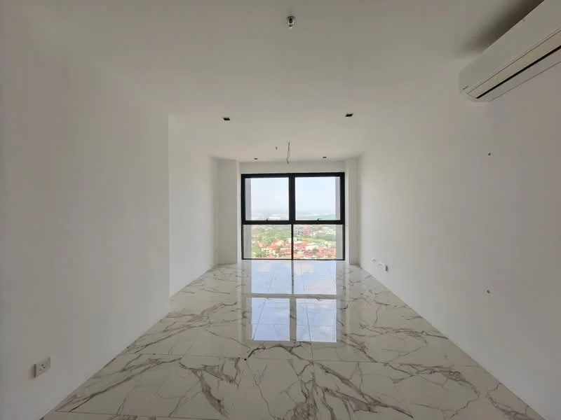 Room features: white painted walls, marble tile flooring, floor-to-ceiling windows, recessed downlights, 1 wall-mounted split AC; style: modern; view: city.
