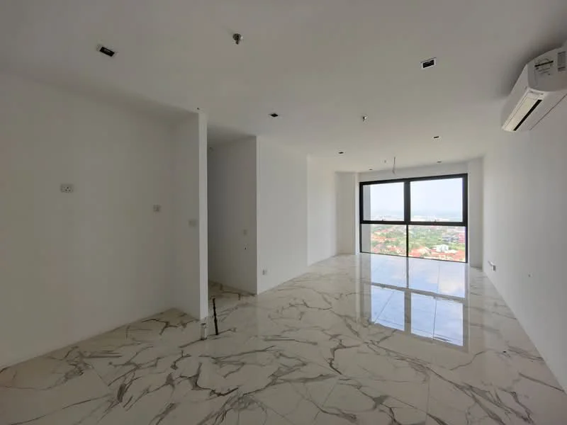 Room features: white painted walls, marble tile flooring, floor-to-ceiling windows, recessed downlights, 1 wall-mounted split AC, city view; style: modern; view: city.