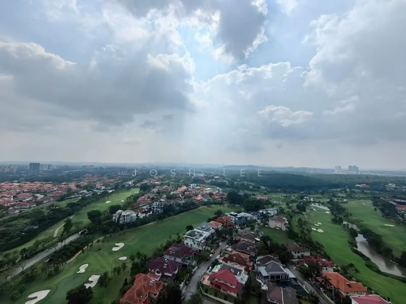 Exterior type: high-rise condominium; features: panoramic view of golf course, surrounding residential area, lush green landscaping, city skyline in background, cloudy sky with sunlight rays, golf course with fairways and greens; style: modern.