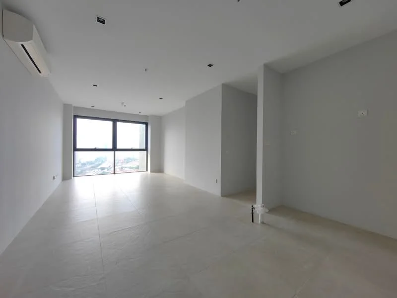 Room features: light grey painted walls, large floor-to-ceiling windows, neutral tile flooring, recessed downlights, 1 wall-mounted split AC, open layout, no visible furniture, city view from windows; style: modern; view: city.
