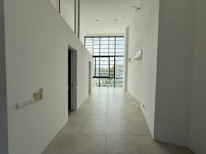 Room features: white painted walls, large floor-to-ceiling windows, tile flooring, high ceiling, air conditioning unit, open layout, natural light, view of greenery; style: modern; view: garden.