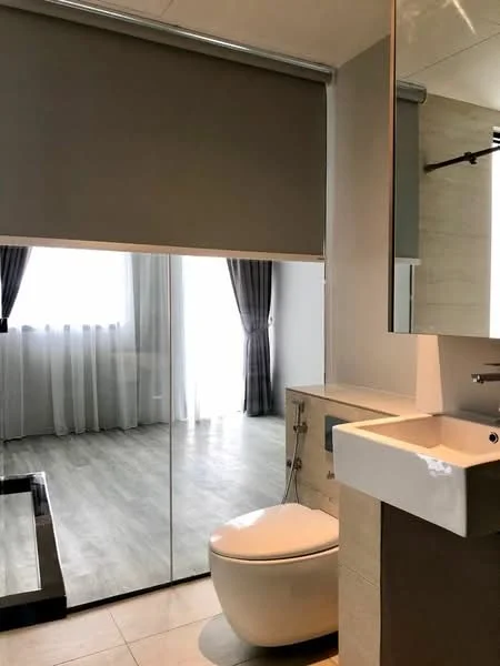 Bathroom features: wall-mounted toilet, single-sink vanity with modern design, mirror above sink, glass shower enclosure, grey roller blinds, large window with sheer curtains, light-colored tile flooring, wood-like laminate flooring, recessed lighting; style: modern.
