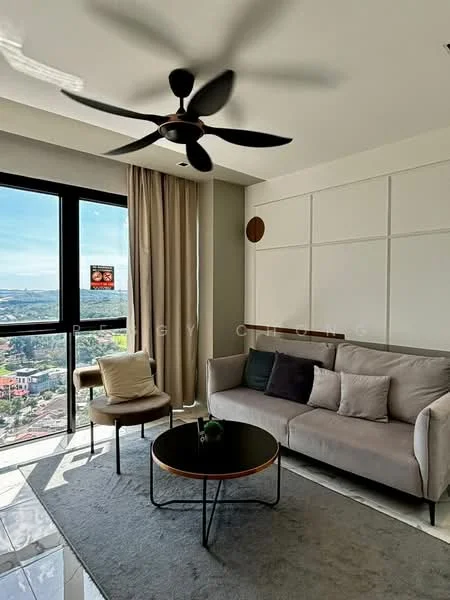 Living features: 3-seater fabric sofa in light grey, black coffee table with round top, area rug in neutral color, floor-to-ceiling windows, curtains in light beige, 5-blade ceiling fan with light, decorative wall paneling, wall-mounted circular decor, city view from window; style: modern; view: city.