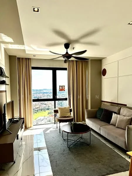 Living features: 3-seater fabric sofa in light grey, round coffee table, wall-mounted TV, TV console, area rug, floor-to-ceiling windows, sheer curtains, 5-blade ceiling fan with light, recessed downlights, decorative wall paneling, city view; style: modern; view: city.