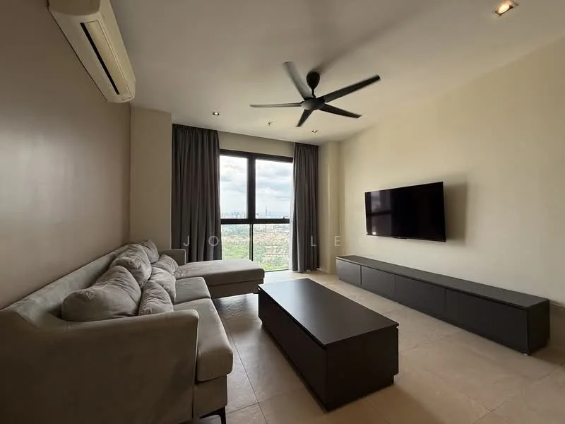 Living features: 3-seater fabric sofa in light grey, coffee table, wall-mounted TV, TV console in dark wood, floor-to-ceiling windows, curtains, ceiling fan with light, air conditioning unit, neutral painted walls, tile flooring; style: modern; view: city.