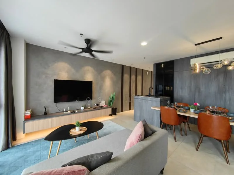 Living features: grey fabric sofa, pink accent cushions, black coffee table, wall-mounted TV, wooden TV console, ceiling fan with light, recessed downlights, decorative plants, light grey flooring, large windows with sheer curtains; style: modern; view: city. Kitchen features: black cabinetry, stainless-steel sink, chrome faucet, kitchen island, four dining chairs, pendant lighting, open shelving, built-in appliances; style: modern.