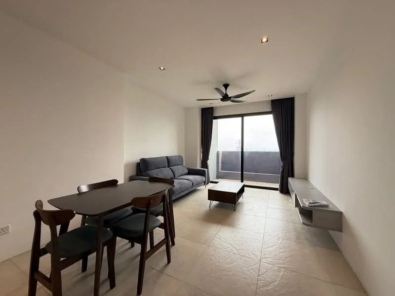 Living features: 3-seater fabric sofa in grey, coffee table, dining table for 4 with wooden chairs, floor-to-ceiling sliding glass door, dark curtains, recessed downlights, ceiling fan, light-coloured tile flooring, wall-mounted TV console; style: modern; view: city.