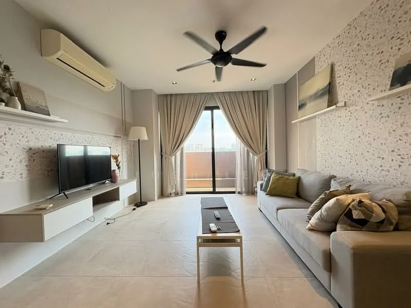 Living features: light grey fabric sofa, coffee table with white frame, wall-mounted TV, shelf with decorative items, 5-blade ceiling fan with light, floor-to-ceiling sliding glass door, curtains, textured accent wall, neutral tile flooring, wall-mounted air conditioning unit; style: modern; view: city.