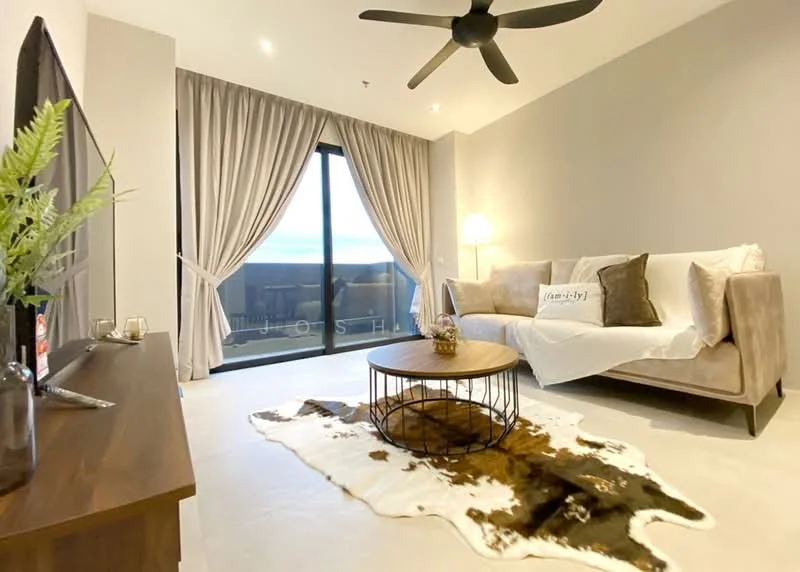 Living features: sofa in beige fabric, coffee table with metal base, area rug with cowhide pattern, floor-to-ceiling windows, curtains in light grey, ceiling fan with light, decorative plant in vase, lamp on side table; style: modern.