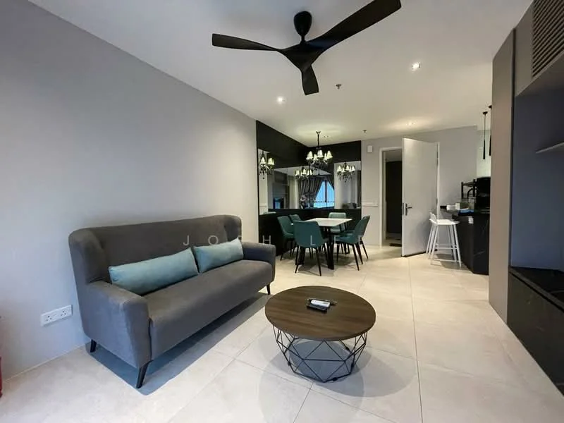 Living features: 3-seater fabric sofa in grey, decorative cushions in teal, round wooden coffee table, ceiling fan with 3 blades, recessed downlights, wall-mounted TV, light grey painted walls, tile flooring, open layout to dining area; style: modern. Dining features: 6-seater dining table, upholstered dining chairs in teal, chandelier lighting, mirror wall, light grey painted walls, tile flooring; style: modern.