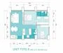 Floor plan: 2-bedroom 1-bathroom unit; features: open-plan kitchen-dining-living, master bedroom with ensuite bathroom, bedroom 2 with shared bathroom, balcony off living room, utility room, laundry area, central foyer.