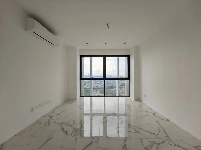 Living features: marble tile flooring, white painted walls, floor-to-ceiling windows, 1 wall-mounted split AC, recessed downlights, city view; style: modern; view: city.